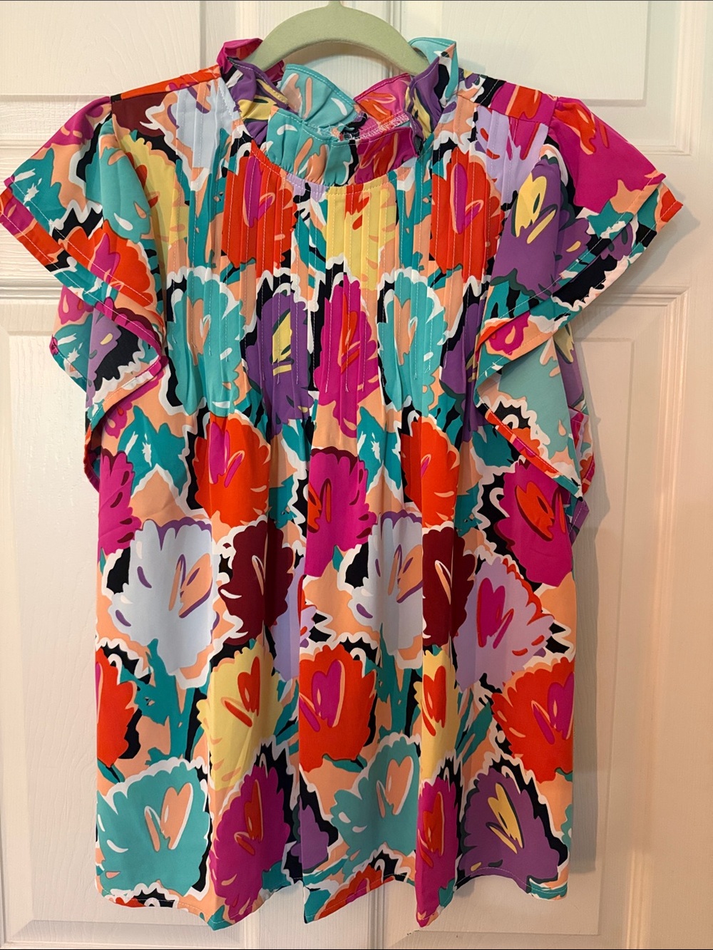 Bright Multicolor Floral Ruffle Sleeve Top - Women